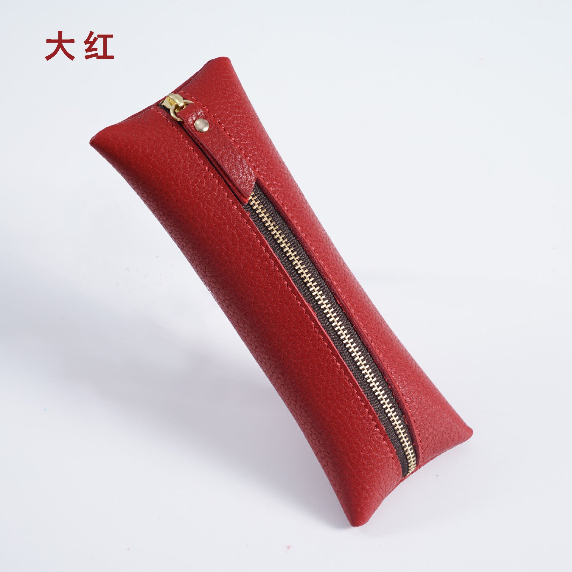 Wholesale First Layer Litchi Zipper Genuine Leather Pencil Case